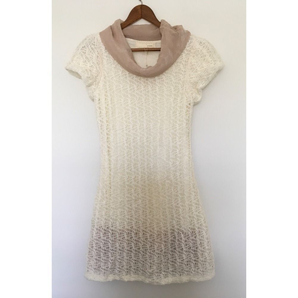 NWT A'reve Ivory Cowl Neck Crochet Lace Short Sleeve dress Sz S ruffle layer hem